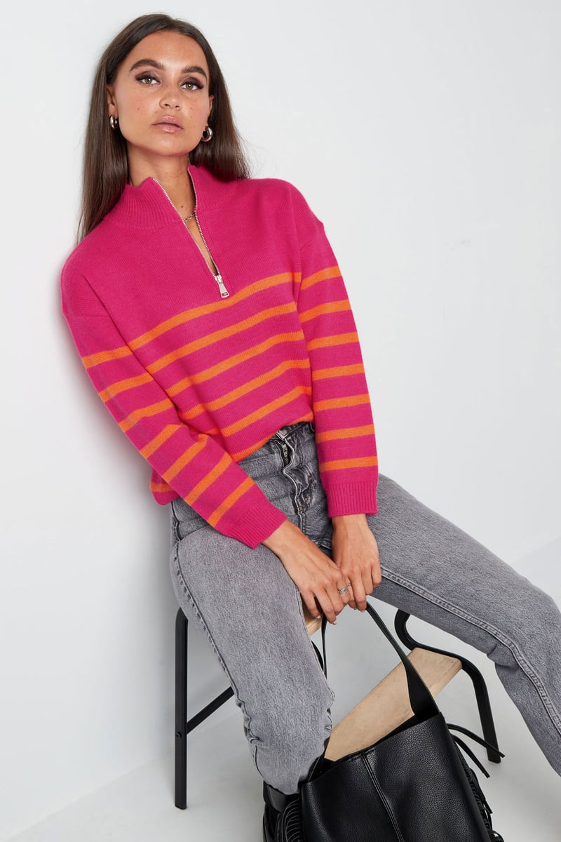 Gebreide trui strepen met rits - beige zwart - SM