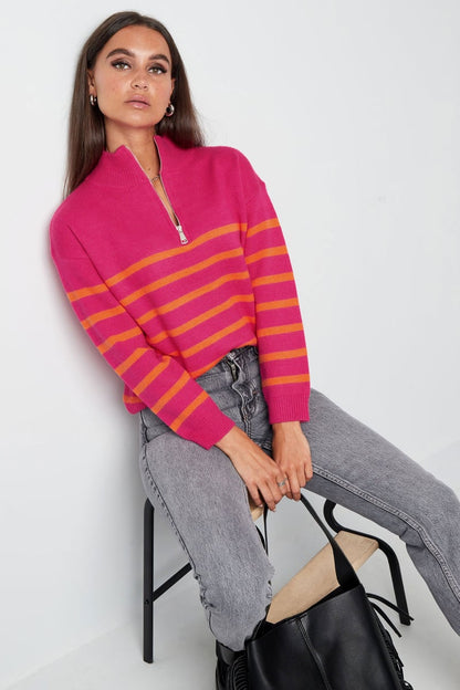 Gebreide trui strepen met rits - beige zwart - SM